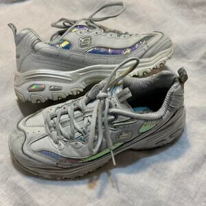 Skechers D'Lites white & silver Leather trainers iridescent, sparkly size 7.5